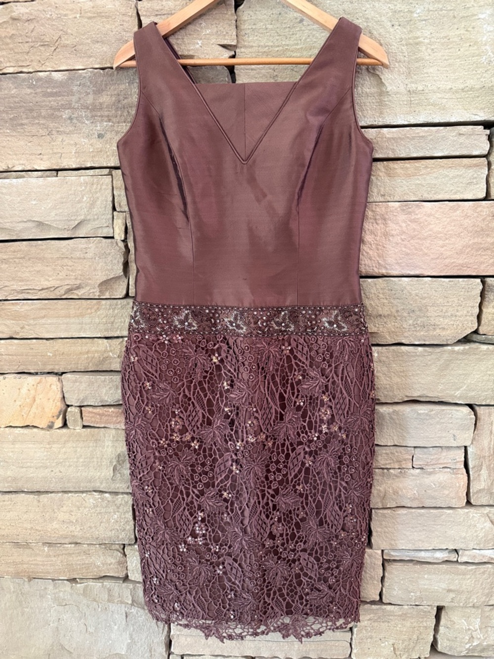 Mother of the Bride Sleeveless Lace-Trim Midi Dress Deep Brown Silk Modest Vneck
